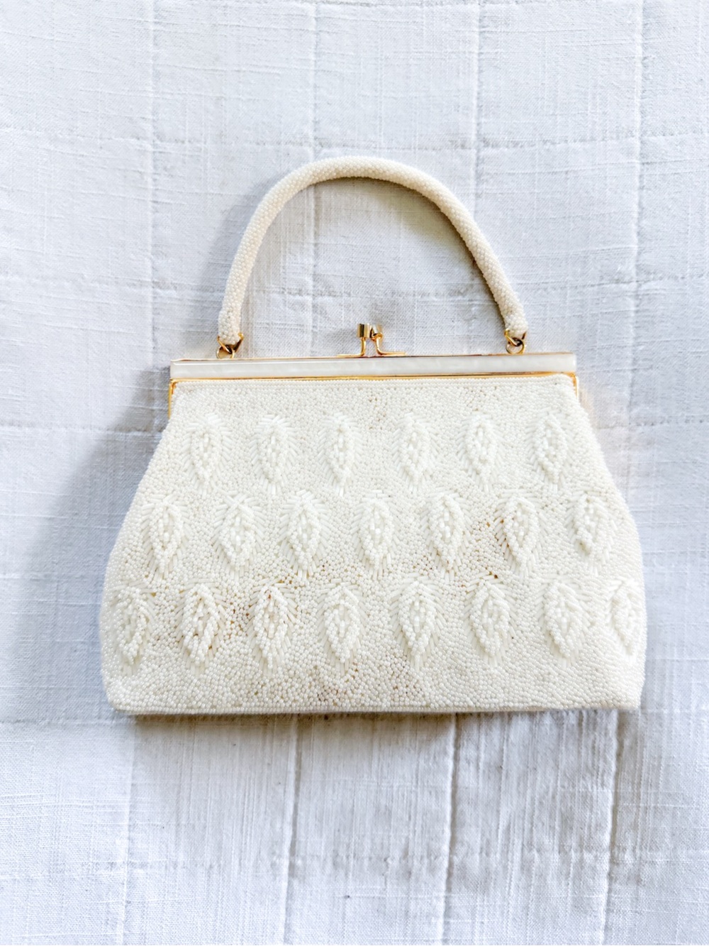 Vintage Ivory Microbeaded Handbag Gold-Tone Frame Leaf Design